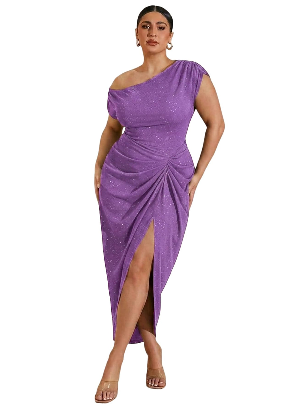 Floerns Women's Plus Size Asymmetrical Neck Ruched Slit Hem Cocktail Dress