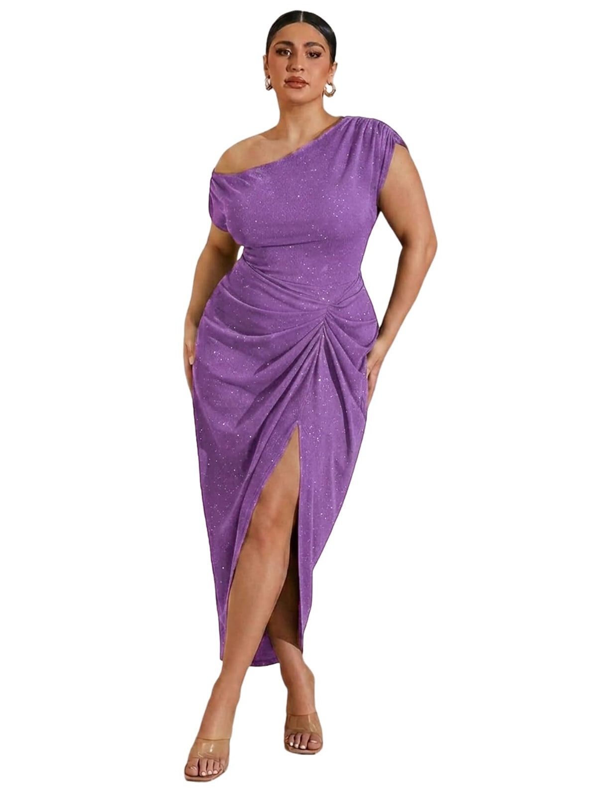 Floerns Women's Plus Size Asymmetrical Neck Ruched Slit Hem Cocktail Dress