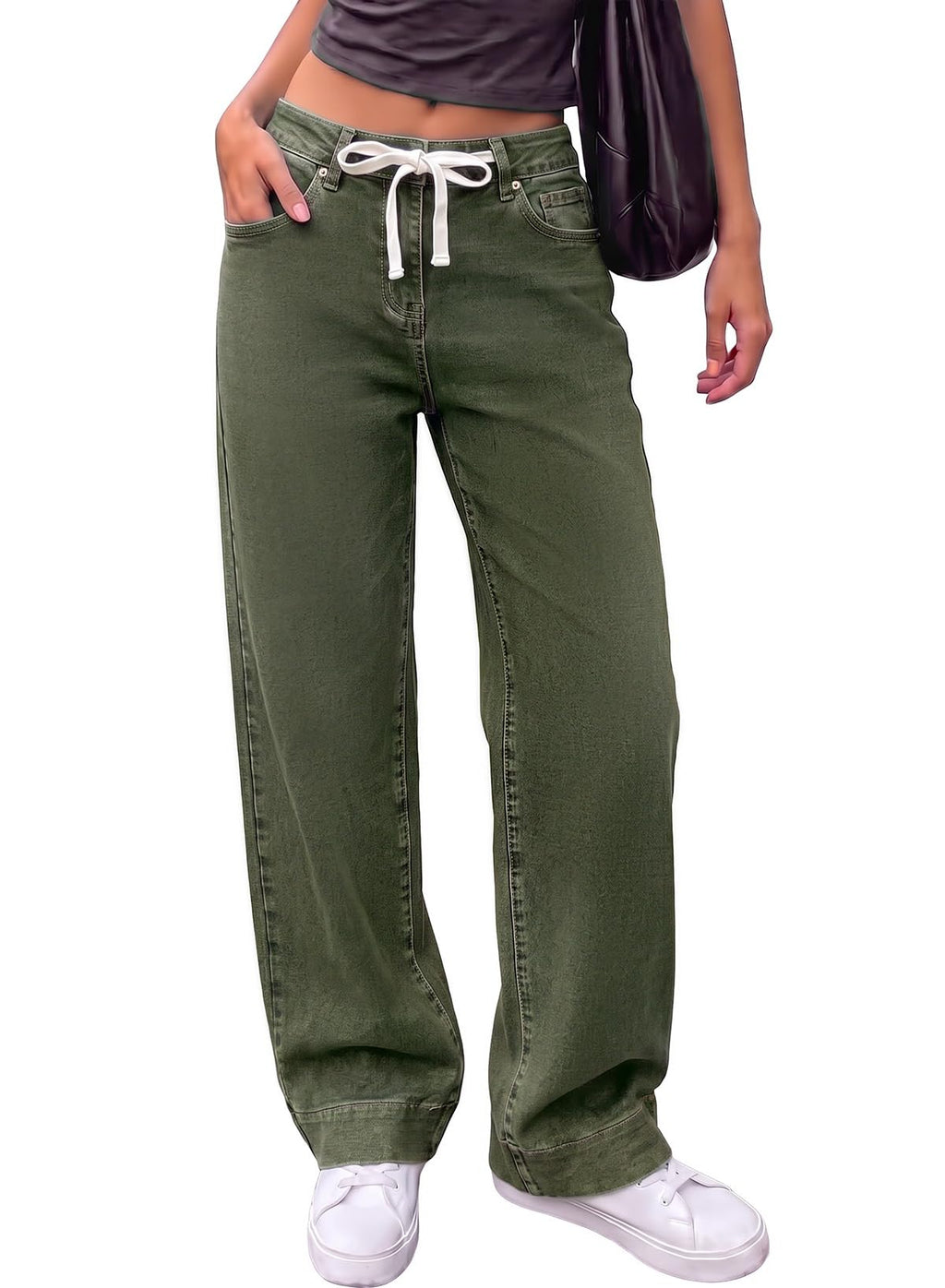 Sidefeel Women's High Waisted Straight Leg Jeans Drawstring Denim Pants