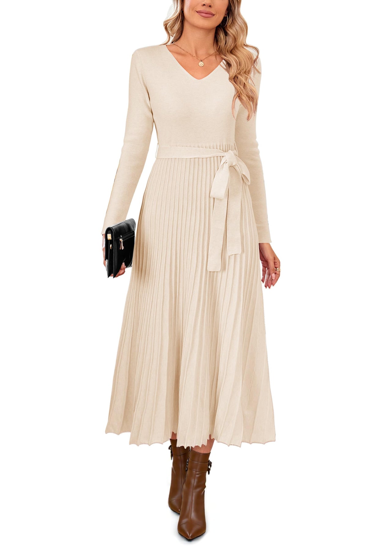 Arach&Cloz Women's Wool Blend Fall Long Sleeve Midi Sweater Dress