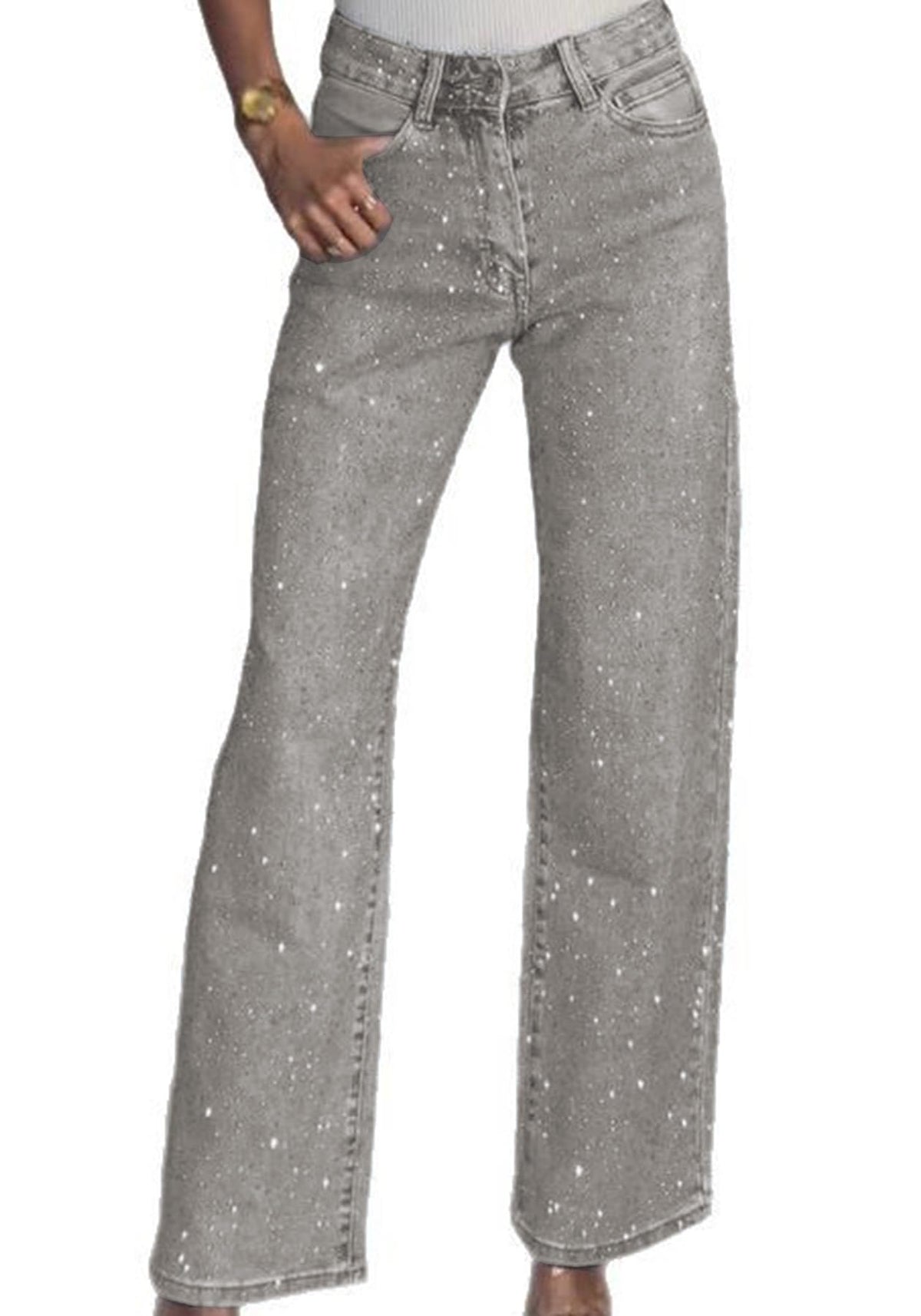 Famnbro Womens Rhinestone Jeans Baggy Y2K Wide Leg Sparkly Denim Pants