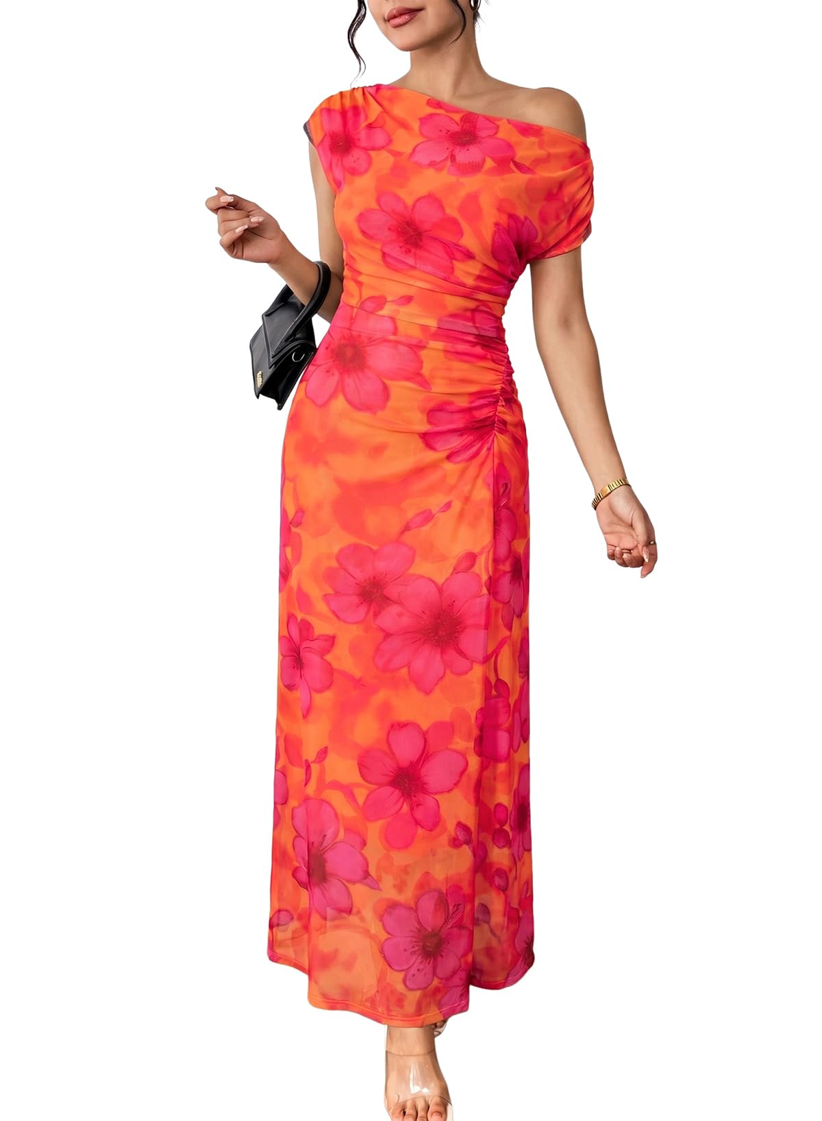 BLENCOT Women's Floral Off Shoulder Wedding Guest Dress Party Gown