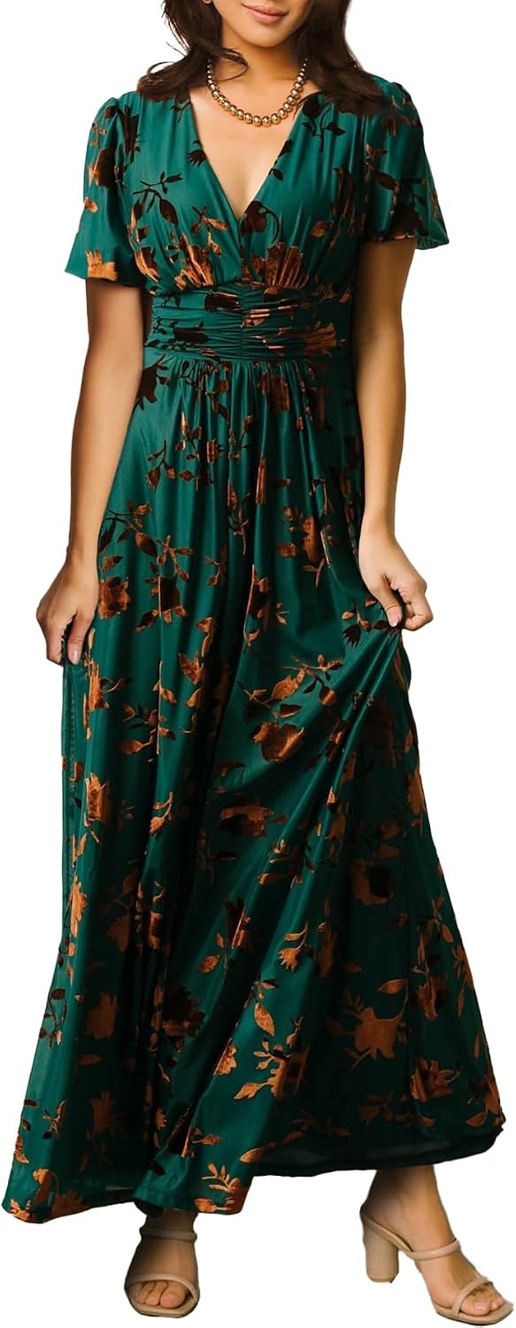 Simplee Women’s V Neck Velvet Maxi Dress Short Sleeve Empire Waist Long Formal Dress for Wedding Guest