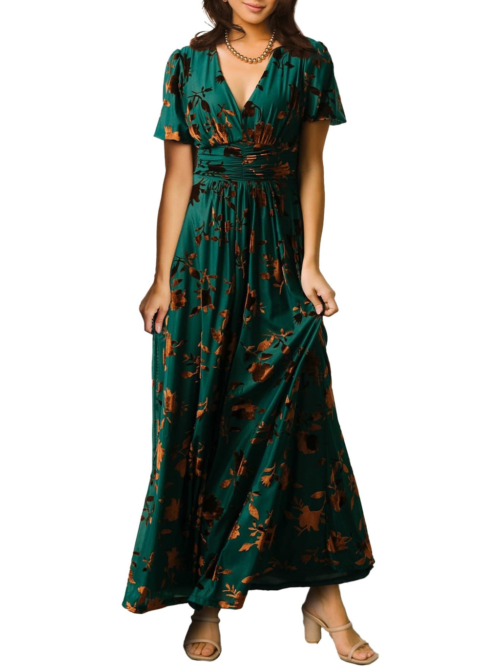 Simplee Women’s V Neck Velvet Maxi Dress Short Sleeve Empire Waist Long Formal Dress for Wedding Guest
