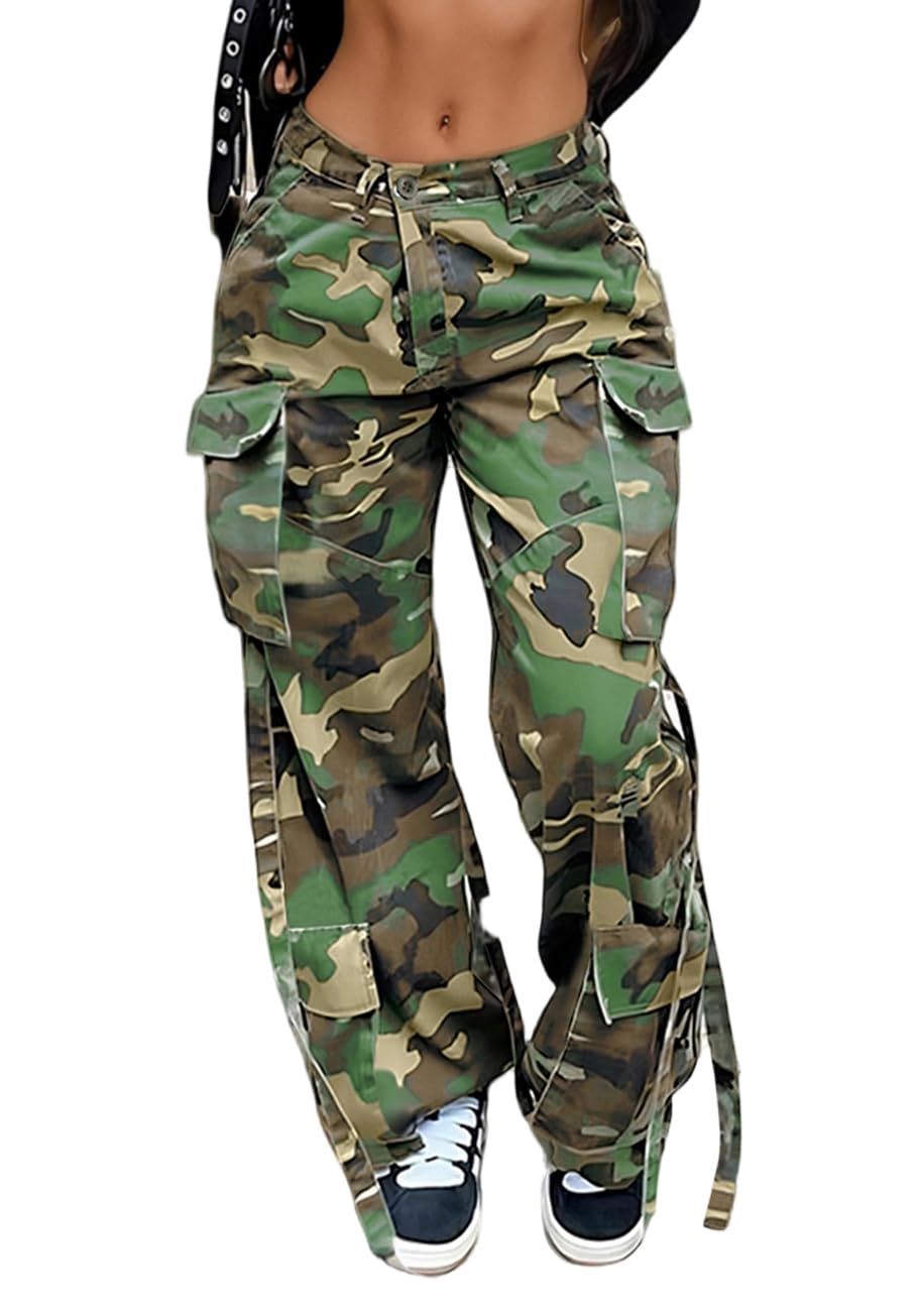 LKOUS Women's Cargo Baggy Straight Jeans Streetwear Y2K Multi Pocket