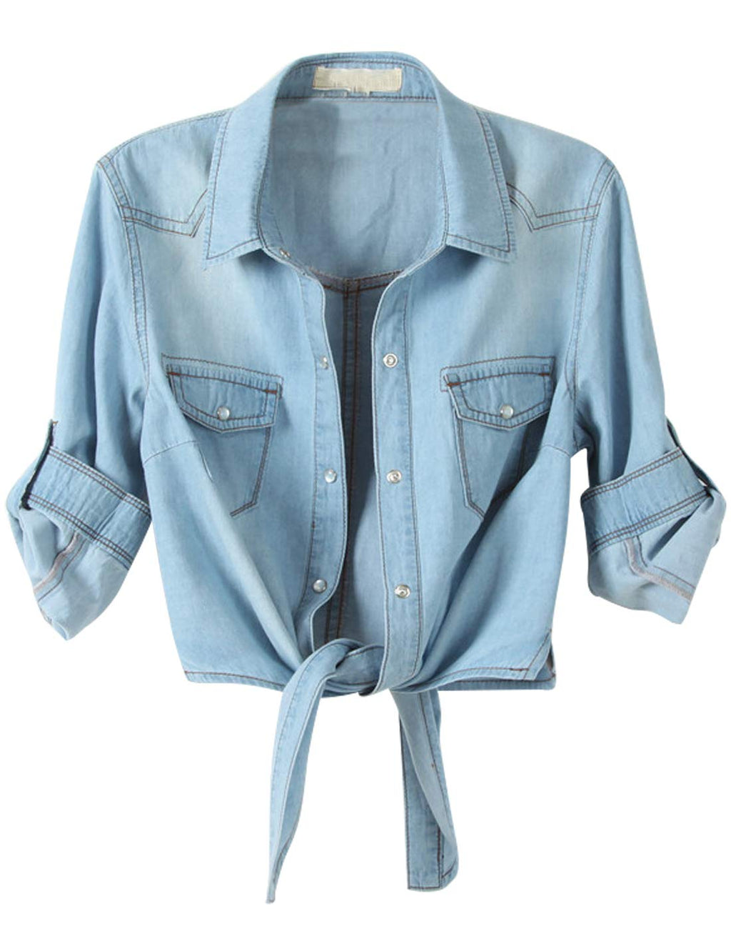 Women's Denim Shirt Roll Up 3/4 Sleeve Tie Front Knot Chambray Crop Top