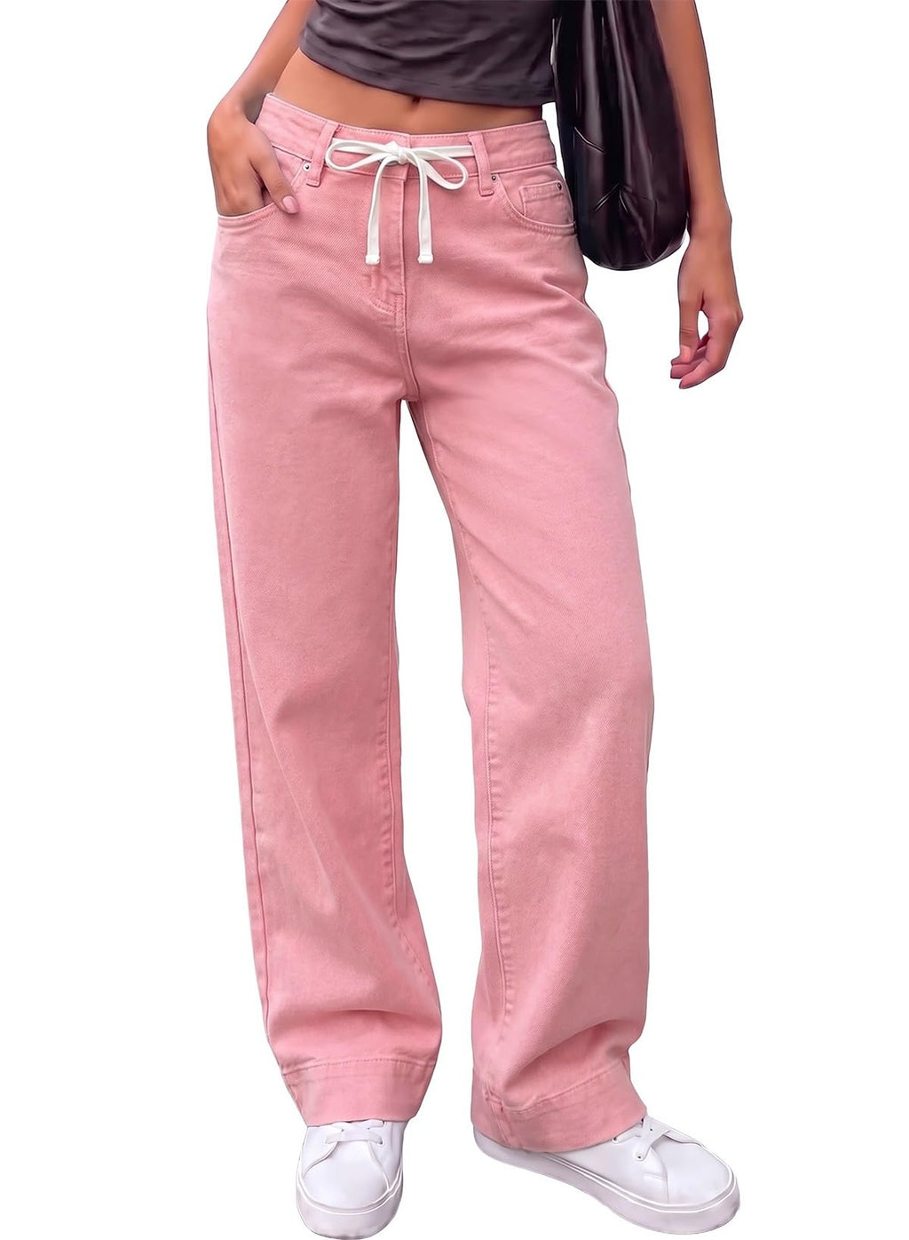 Sidefeel Women's High Waisted Straight Leg Jeans Drawstring Denim Pants