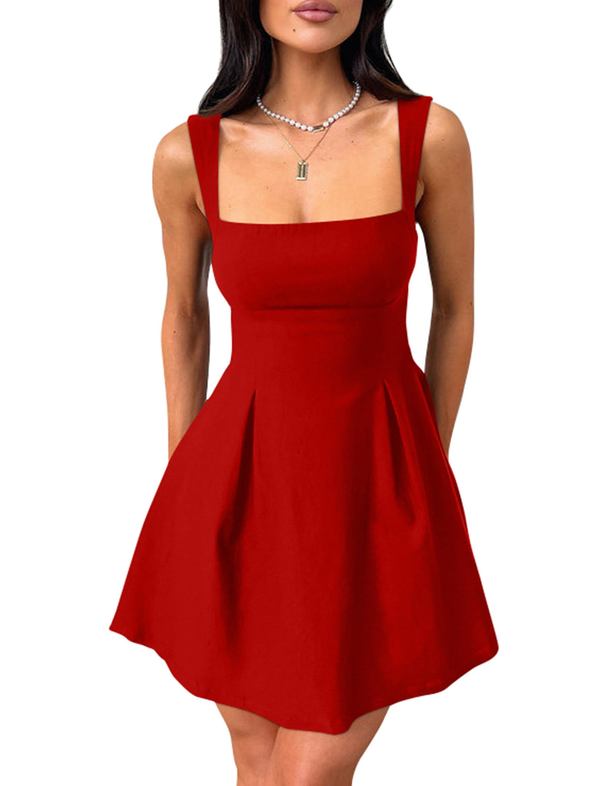 YMDUCH Women's Sleeveless Square Neck Bow Tie A-line Mini Dress