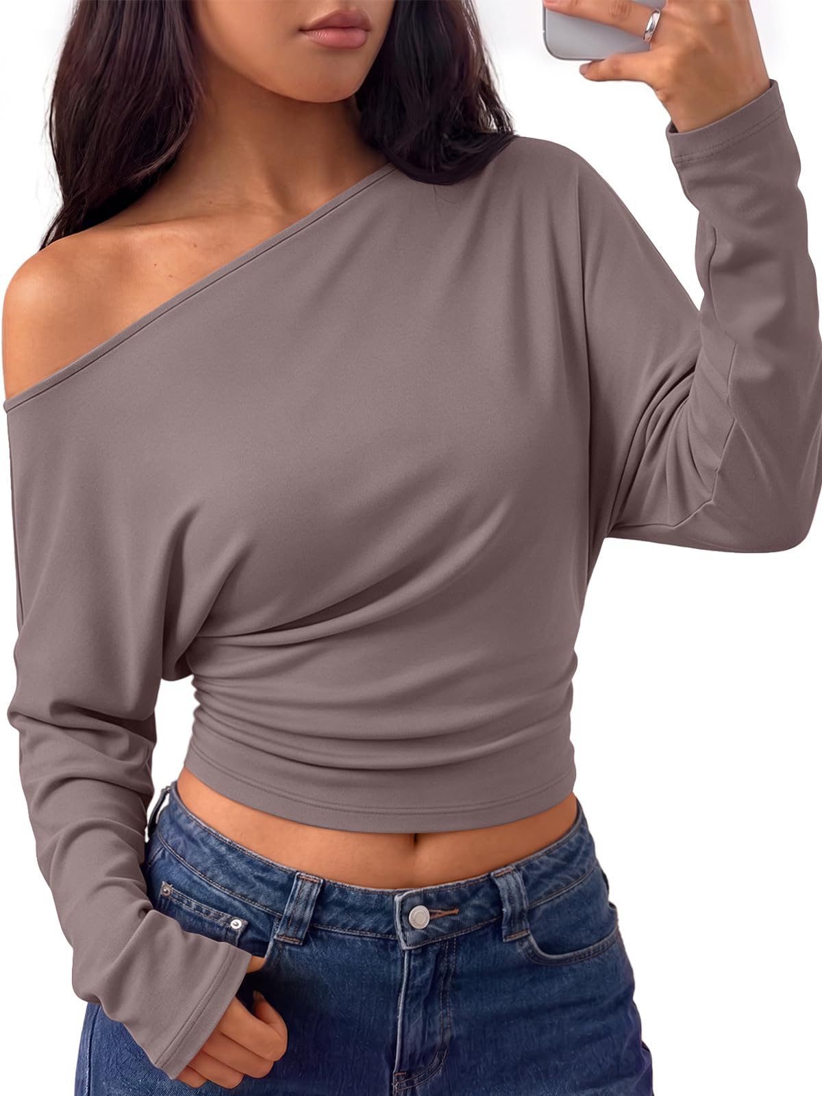 Trendy Queen Off the Shoulder Tops for Women Cinched Waist Shirts 2026 Fall