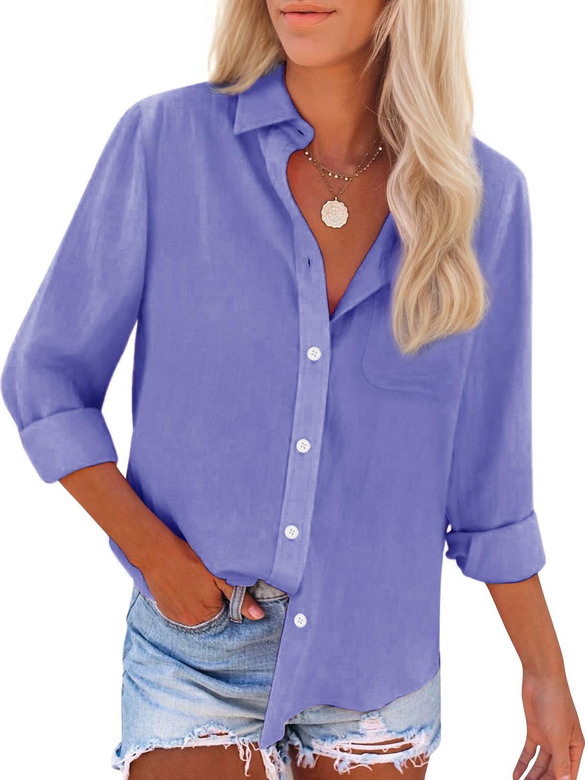 Womens Button Down Shirts Cotton Dress Shirts Oxford Shirts Long Sleeve Work Blouses Collared Tops Tunics with Pocket
