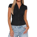 Women Button Down Shirts Y2k Slim Fit Cap Short Sleeve Button Up Collared Cropped Blouse Cute Preppy Tops