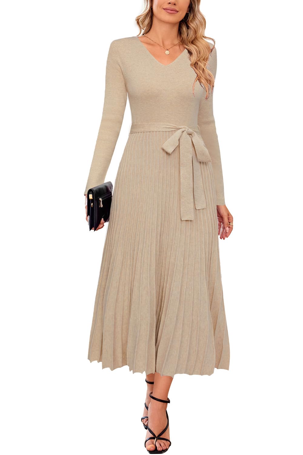 Arach&Cloz Women's Wool Blend Fall Long Sleeve Midi Sweater Dress