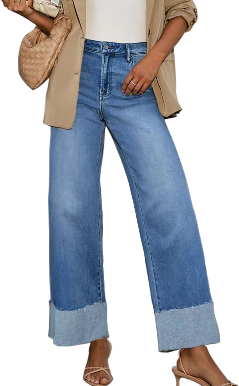 High Waisted Wide Leg Cuffed Jeans for Women Frayed Raw Hem 2026