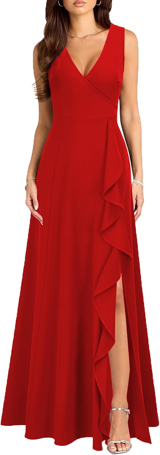 MUSHARE Women's V Neck Sexy Split Cocktail Dress with Pockets Ruffle Party Long Formal Dress