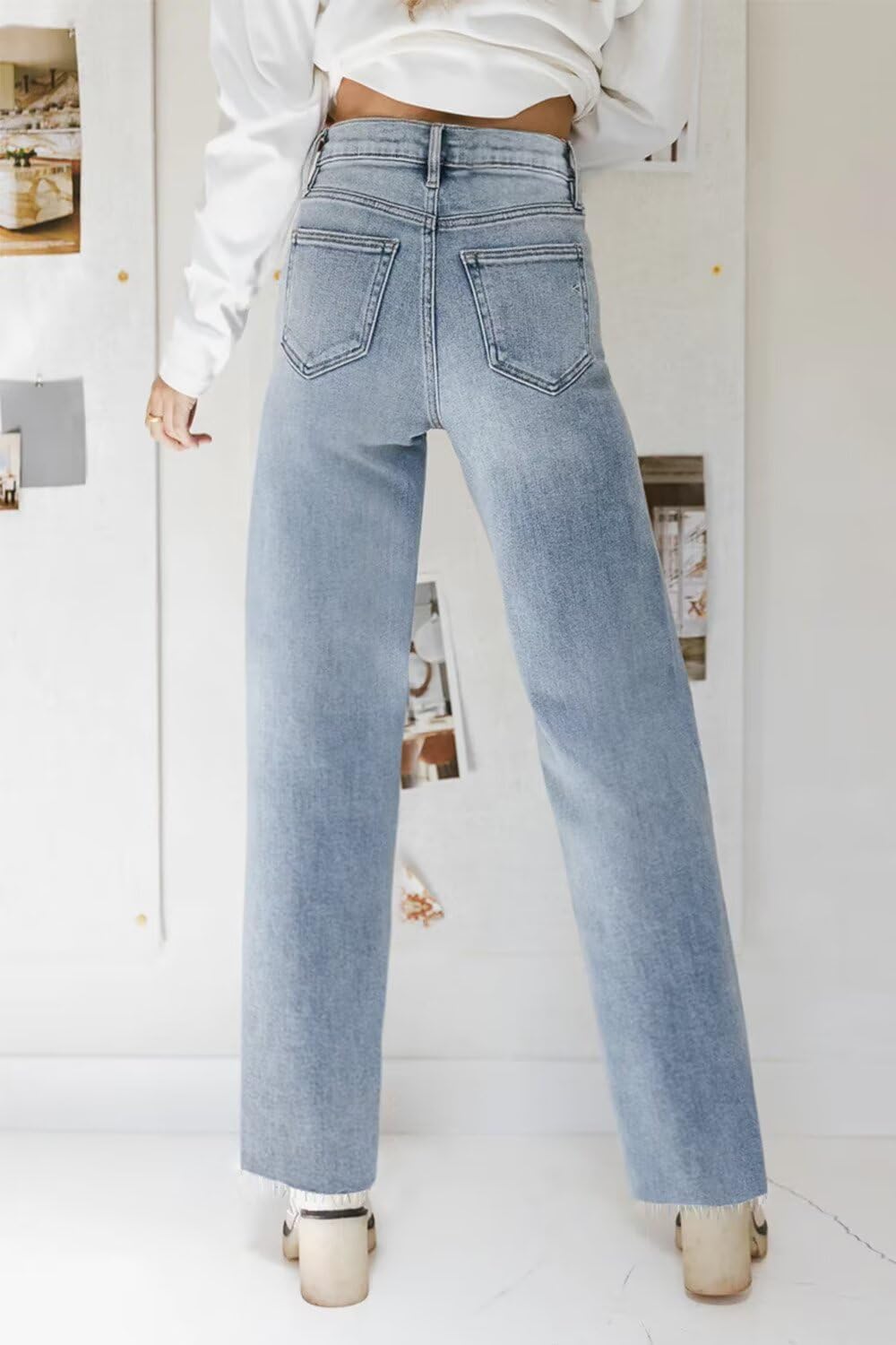 KDF Straight Leg Jeans for Women High Waisted Frayed Baggy Pants Stretchy Cropped Wide Leg Jeans