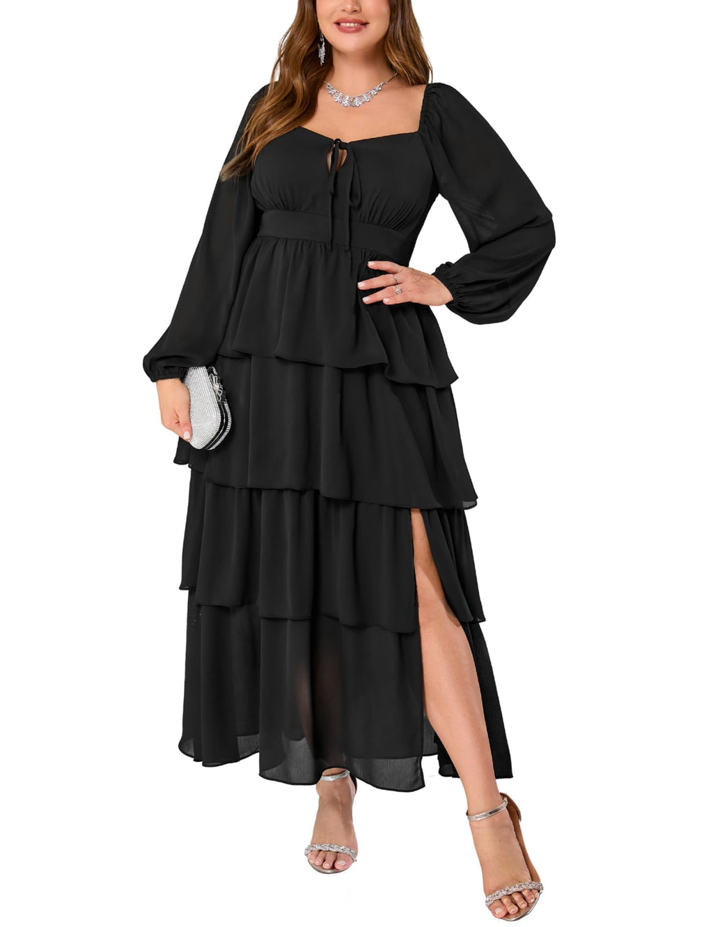 EYWOL Plus Size Long Sleeve Floral Tiered Semi Formal Wedding Guest Dress