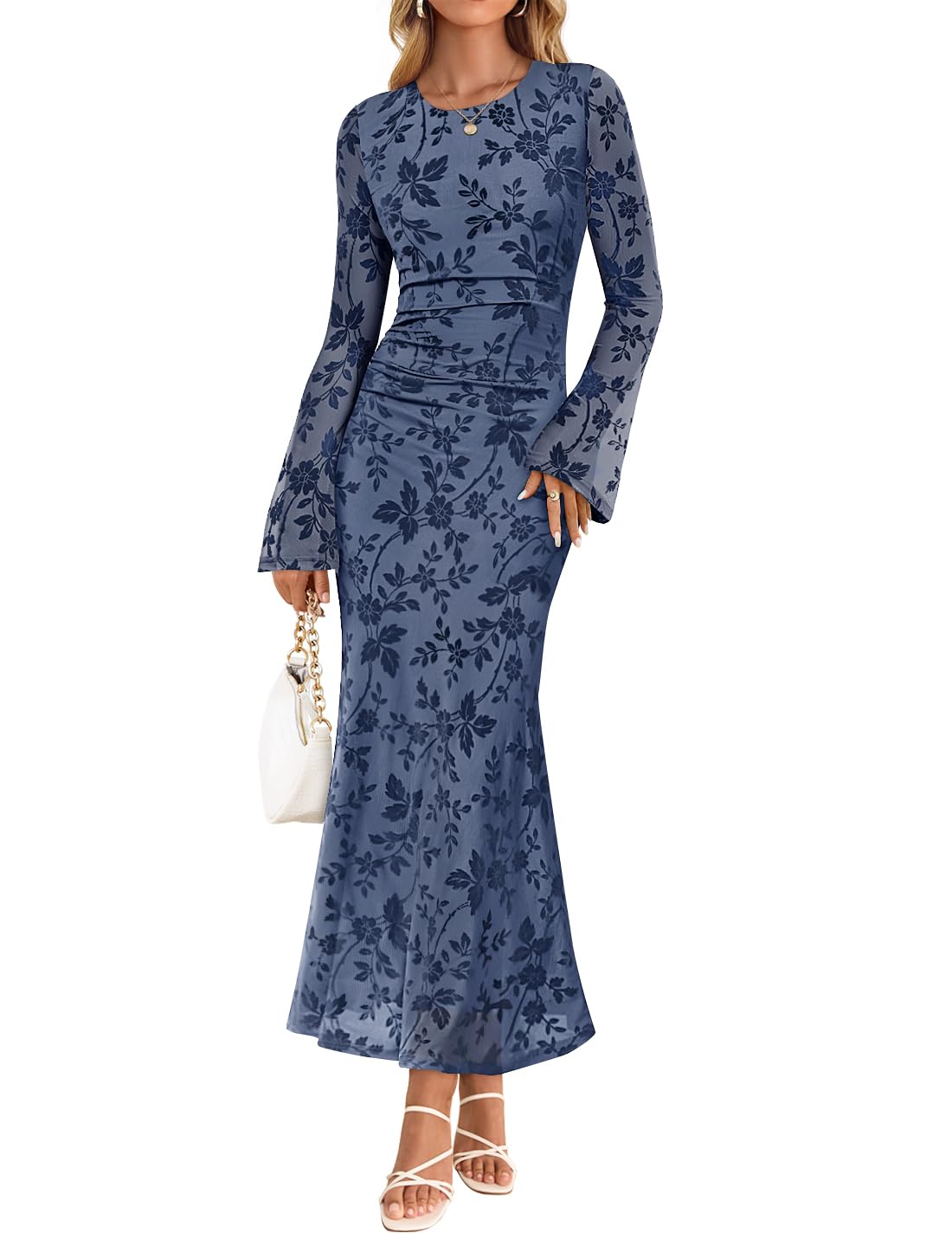 ZESICA Womens Long Sleeve Floral Fall Bodycon Ruched Mesh Maxi Formal Dress