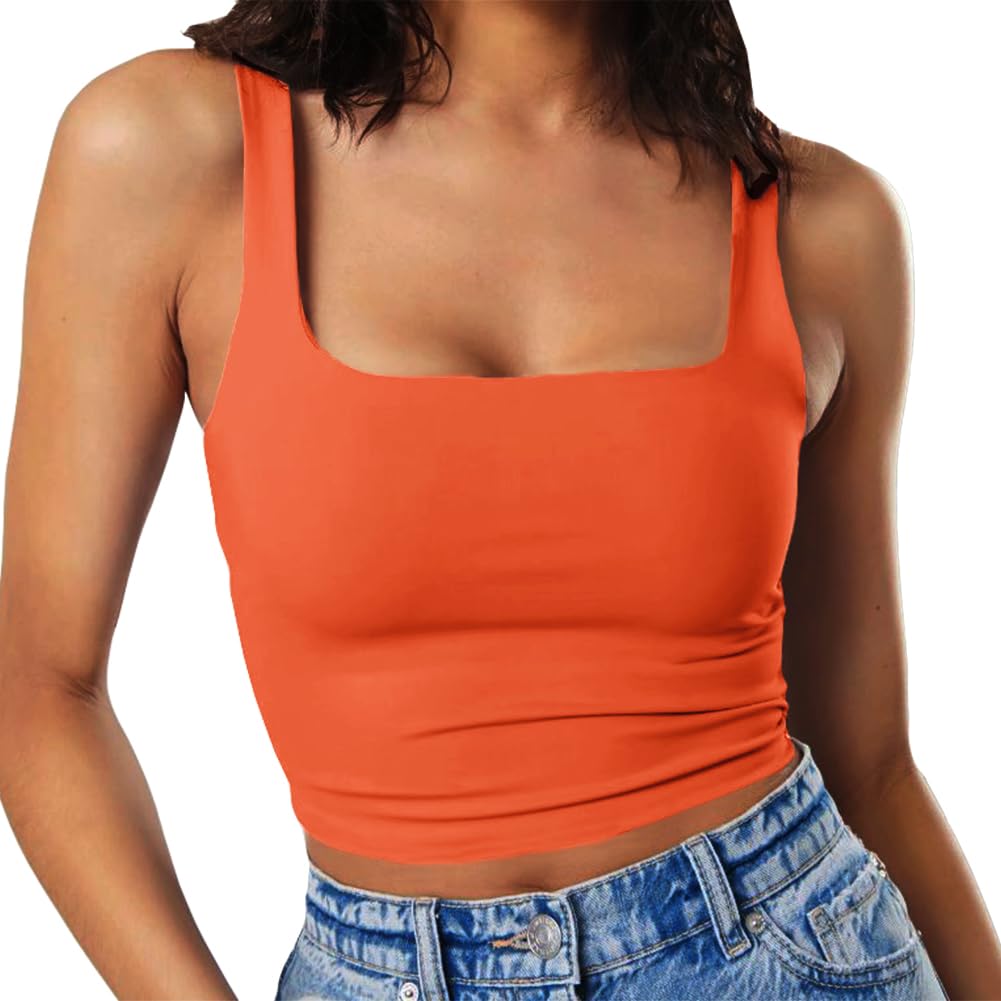 Artfish Women's Sleeveless Strappy Tank Square Neck Double Layer Workout Fitness Casual Basic Crop Tops