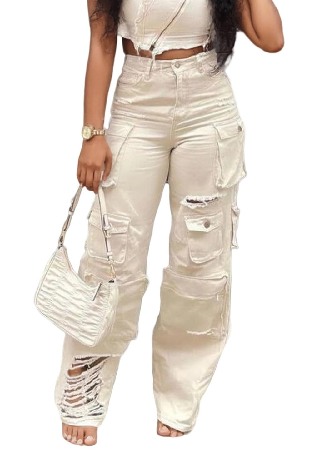 LKOUS Women's Cargo Baggy Straight Jeans Streetwear Y2K Multi Pocket