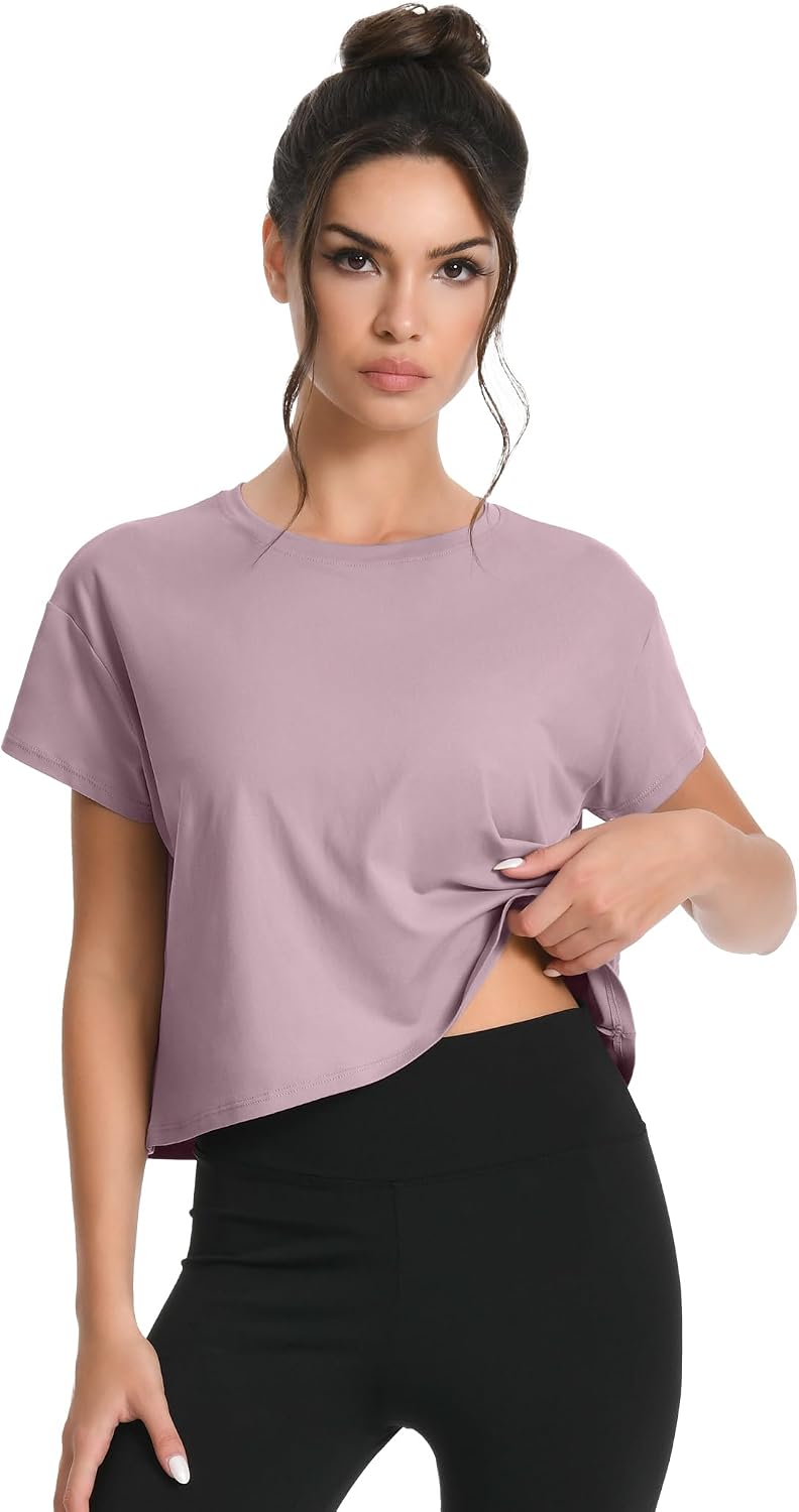 HOPLYNN 5 Pack Women's Loose Fit Short Sleeve Workout Crop Top T-Shirts