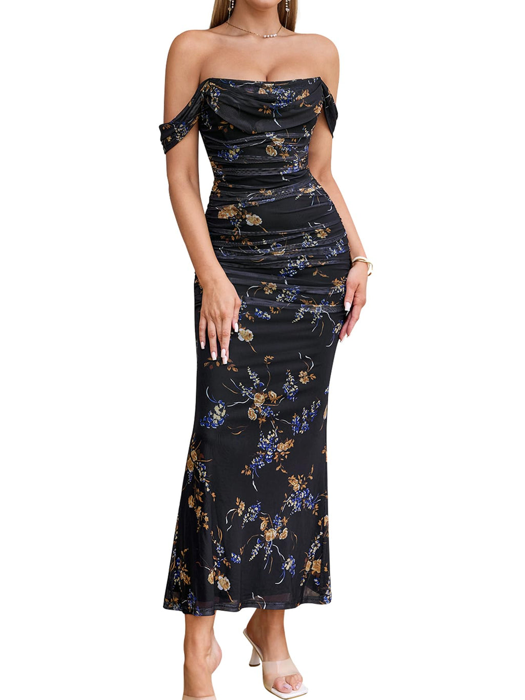 KUTUMAI Women Off Shoulder Maxi Long Corset Formal Wedding Guest Dress