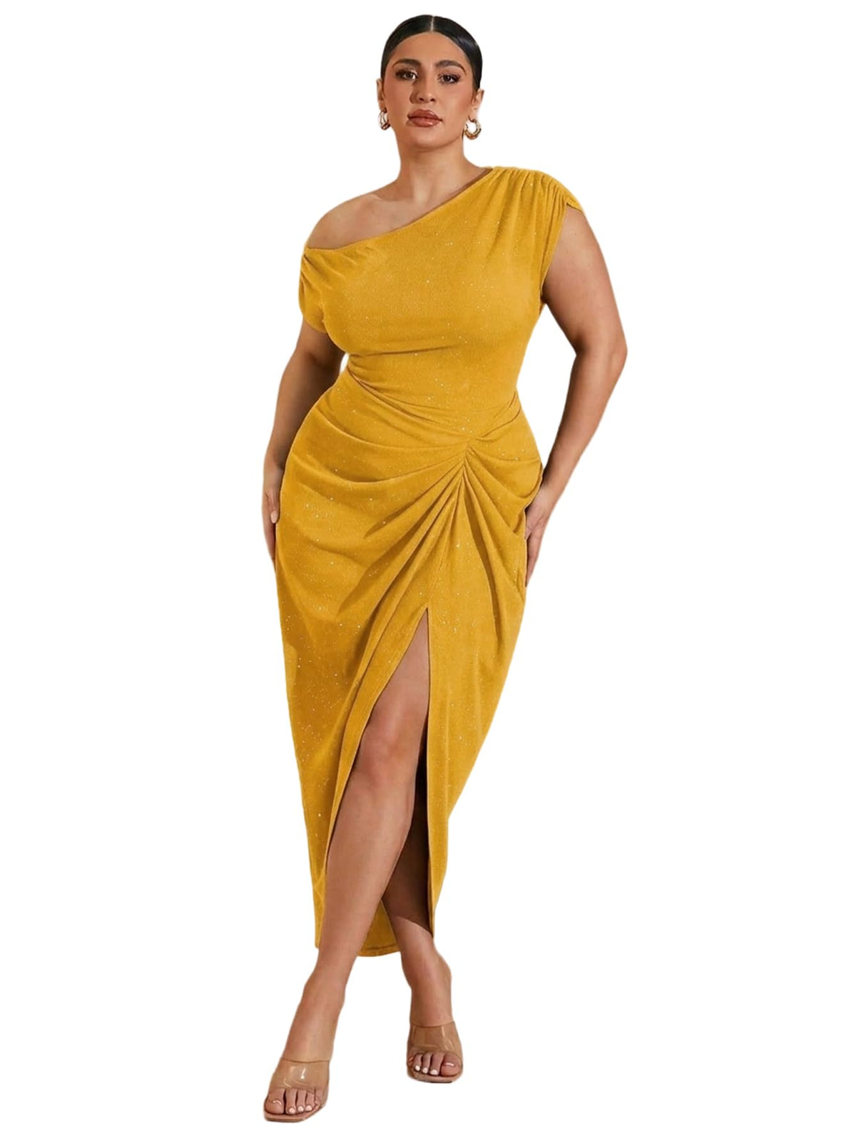Floerns Women's Plus Size Asymmetrical Neck Ruched Slit Hem Cocktail Dress