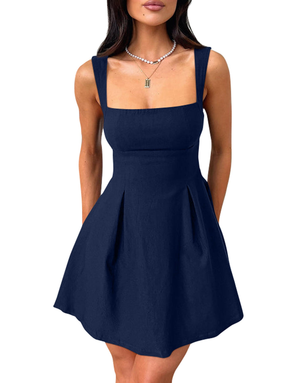 YMDUCH Women's Sleeveless Square Neck Bow Tie A-line Mini Dress