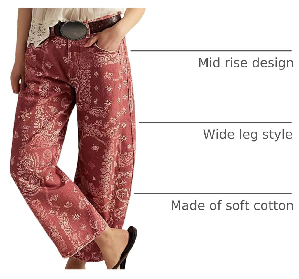 loveimgs Women Boyfriend Baggy Barrel Jeans Floral Print Denim Ankle Pants Wide Leg Mid Rise Jeans Sweatpants Y2k Patchwork