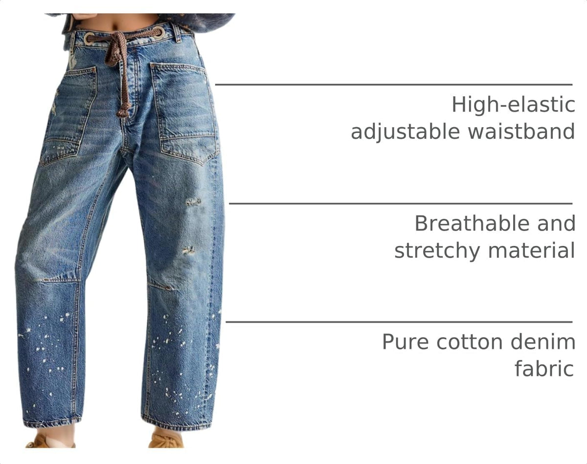 Mewunan Womens Pull-On Barrel Jeans Mid-Low Rise Boyfriend Drawstring Ankle Baggy Elastic Waist Stretchy Boho Denim Pants