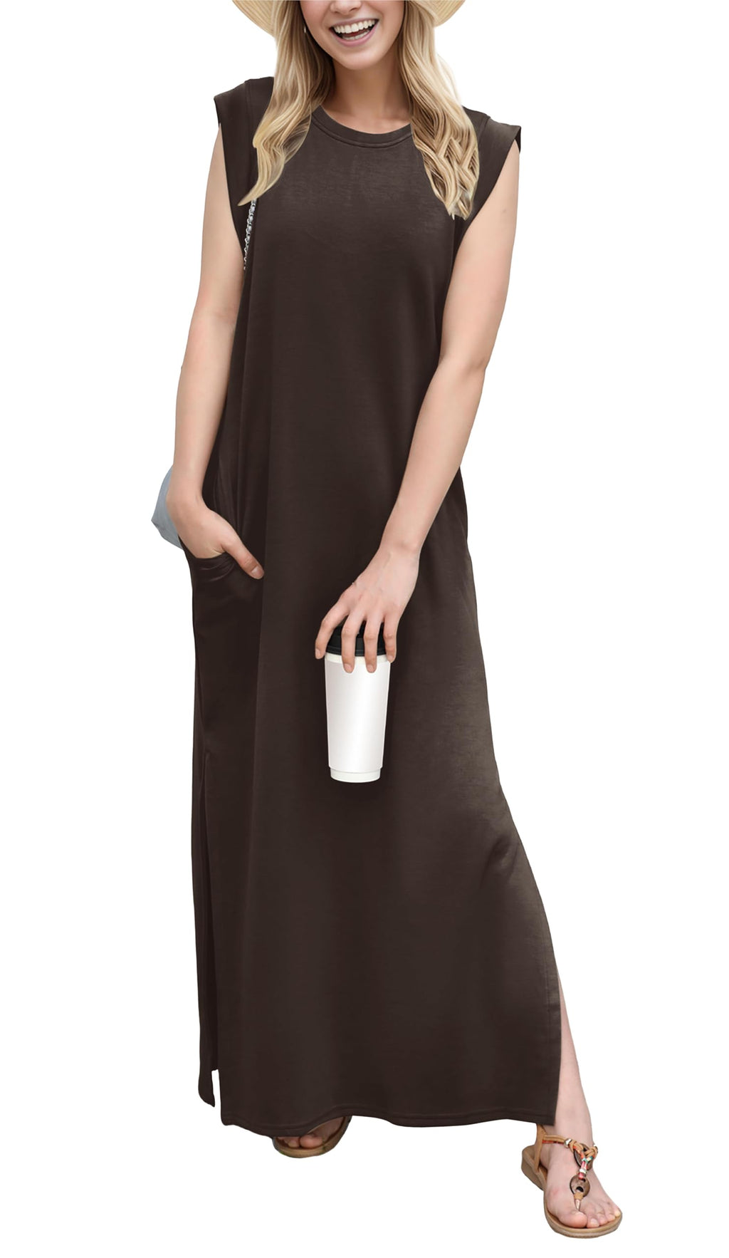 GRECERELLE 2026 Women Year-Round Casual Round Neck Loose Split Wrinkle-Free Long Maxi Vacation Dress with Pockets (XXS-4XL)