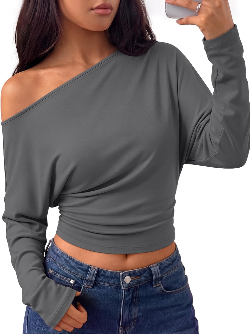 Trendy Queen Off the Shoulder Tops for Women Cinched Waist Shirts 2026 Fall