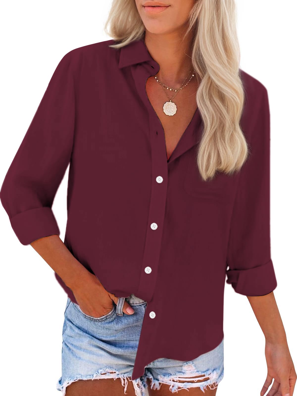 Womens Button Down Shirts Cotton Dress Shirts Oxford Shirts Long Sleeve Work Blouses Collared Tops Tunics with Pocket