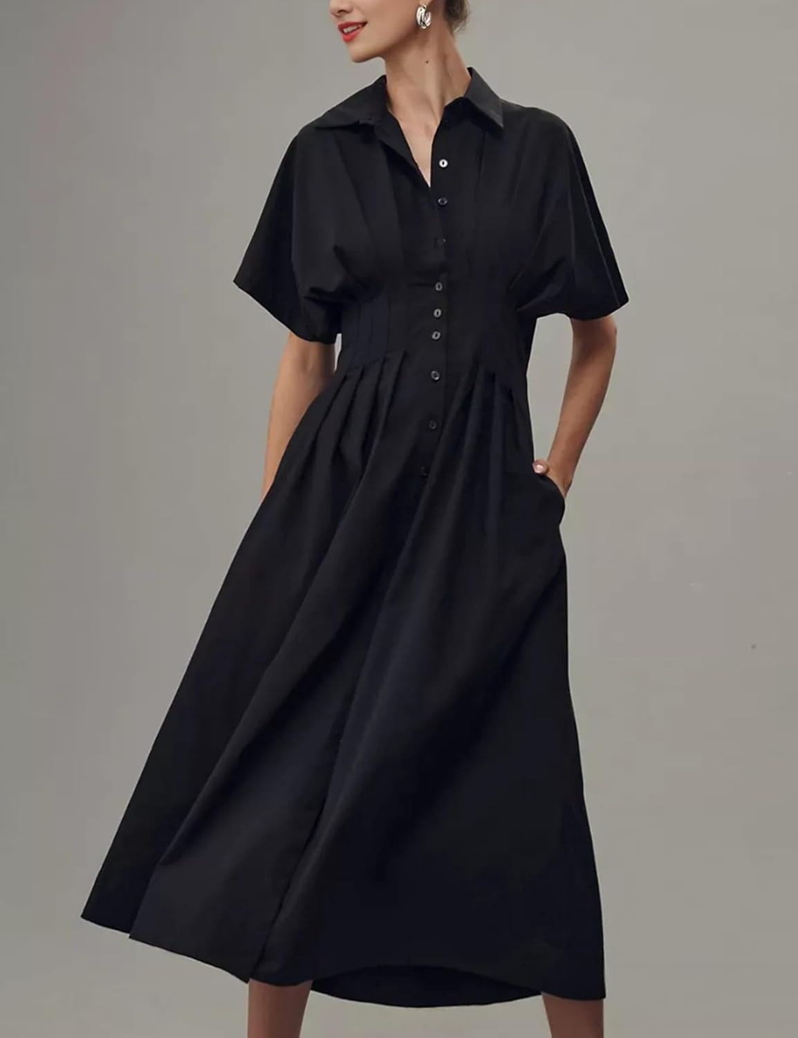 Yeokou Shirt Dress for Women Short Sleeve Button Front Casual Pleated Flowy Maxi Sundress with Pockets
