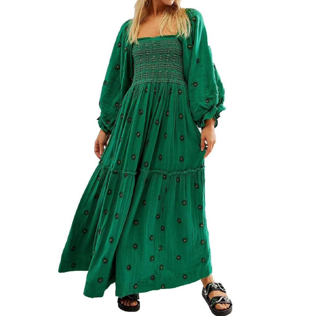 ABYOVRT Women Floral Embroidered Maxi Dress Long Puff Sleeve Square Neck Bohemian Flowy Dress with Pockets Summer Fall
