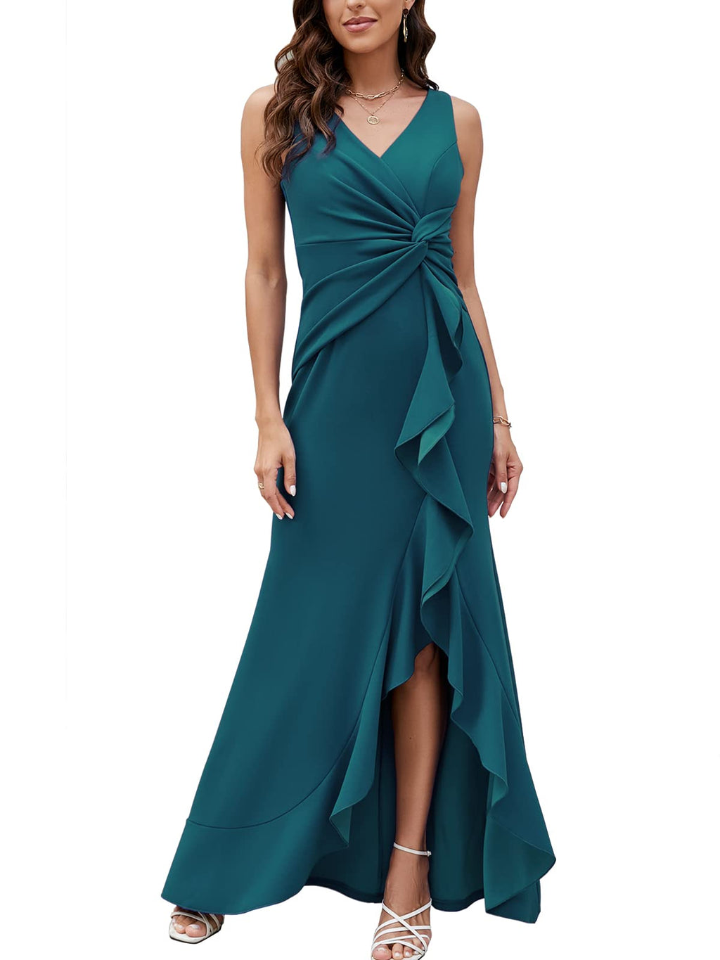 FQA Formal Evening Dresses for Women Elegant Evening Party Prom Dress Long Sexy V Neck Sleeveless Split Wrap