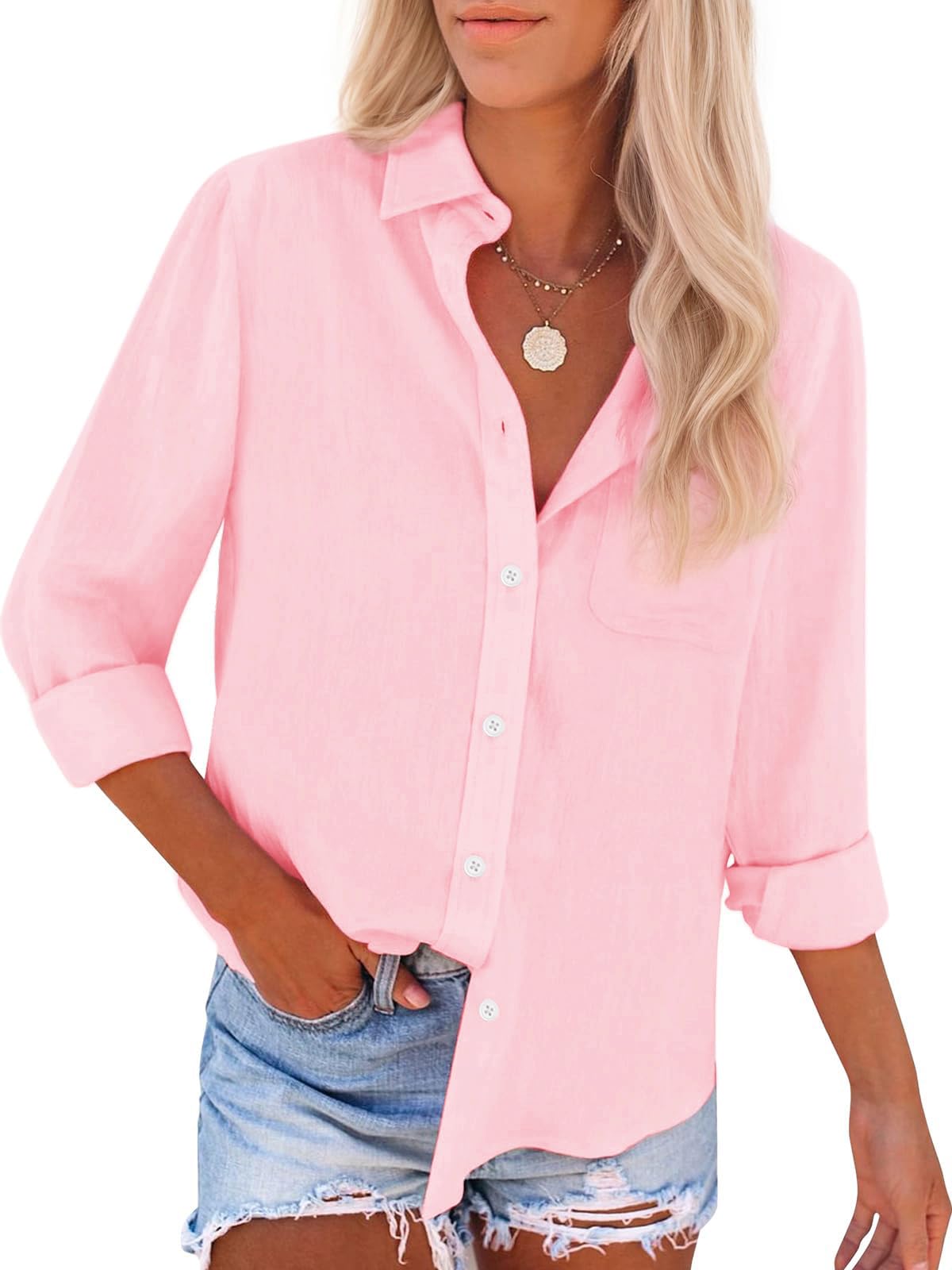 Womens Button Down Shirts Cotton Dress Shirts Oxford Shirts Long Sleeve Work Blouses Collared Tops Tunics with Pocket
