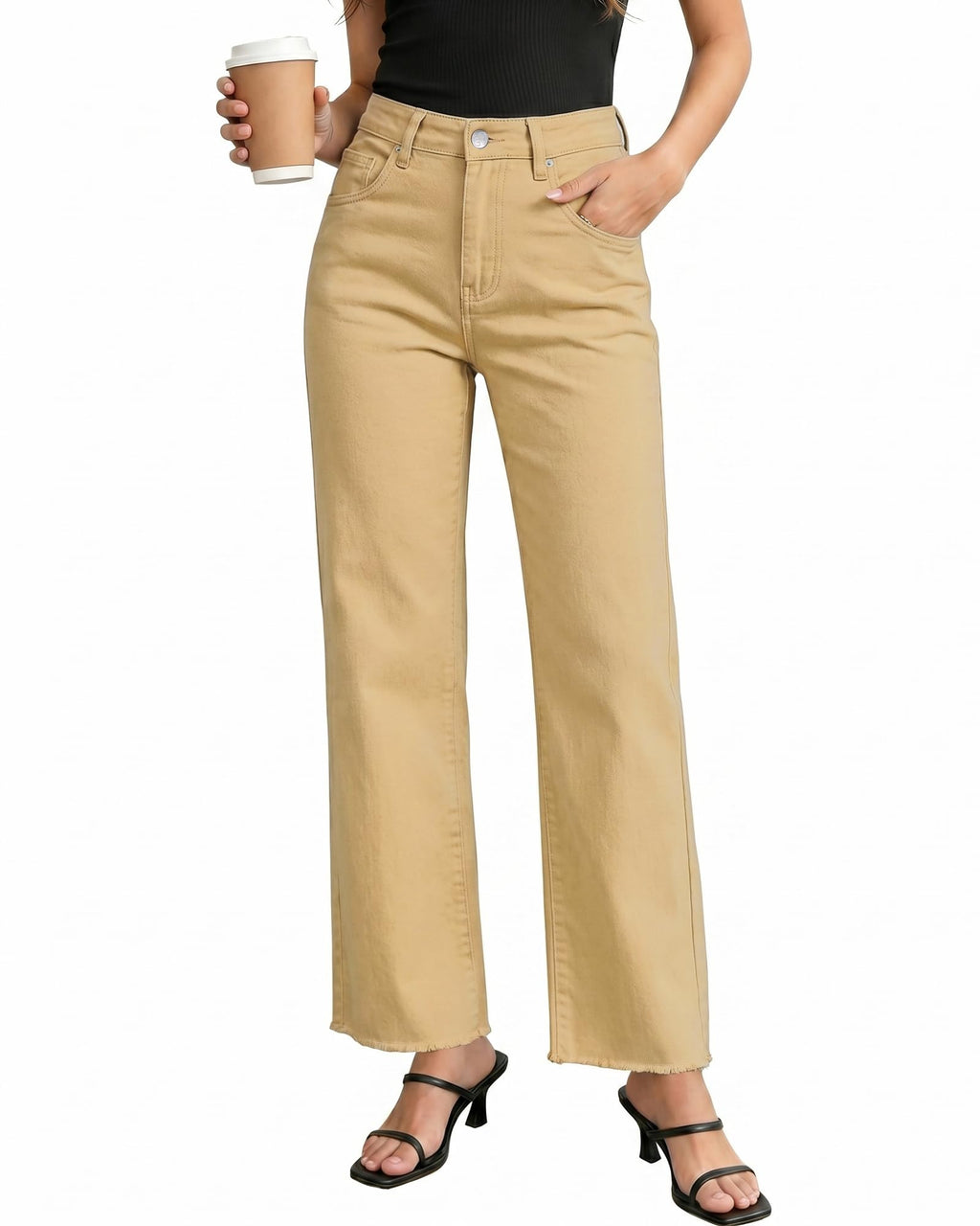 GRAPENT Straight Leg Jeans for Women High Waisted Stretchy Frayed Raw Hem Loose Denim Pants Casual Baggy Jean Trousers