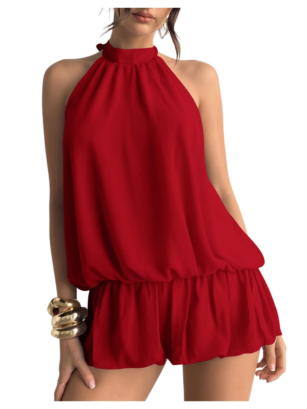 Floerns Women Backless Sleeveless Ruffle Bubble Hem Mesh Halter Mini Dress