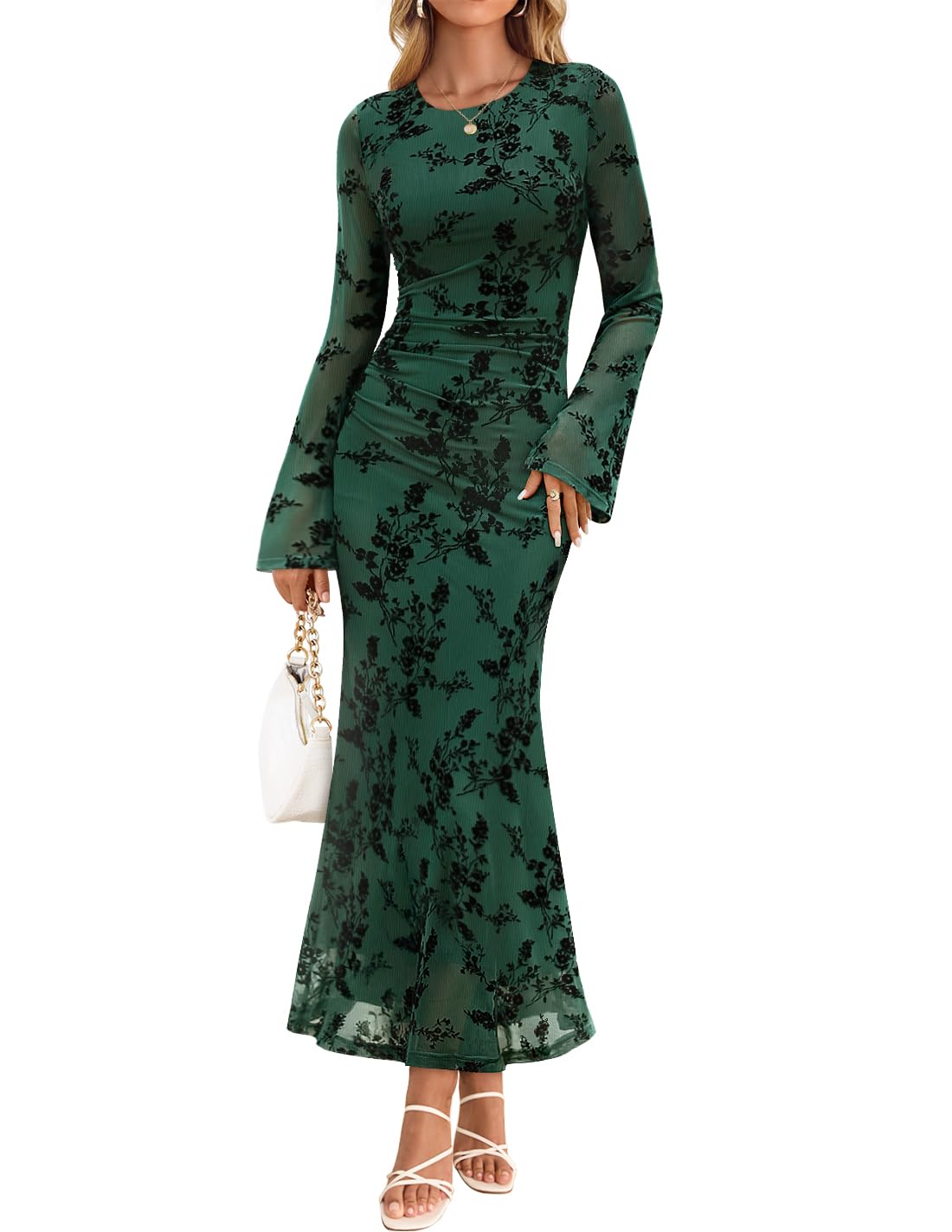 ZESICA Womens Long Sleeve Floral Fall Bodycon Ruched Mesh Maxi Formal Dress