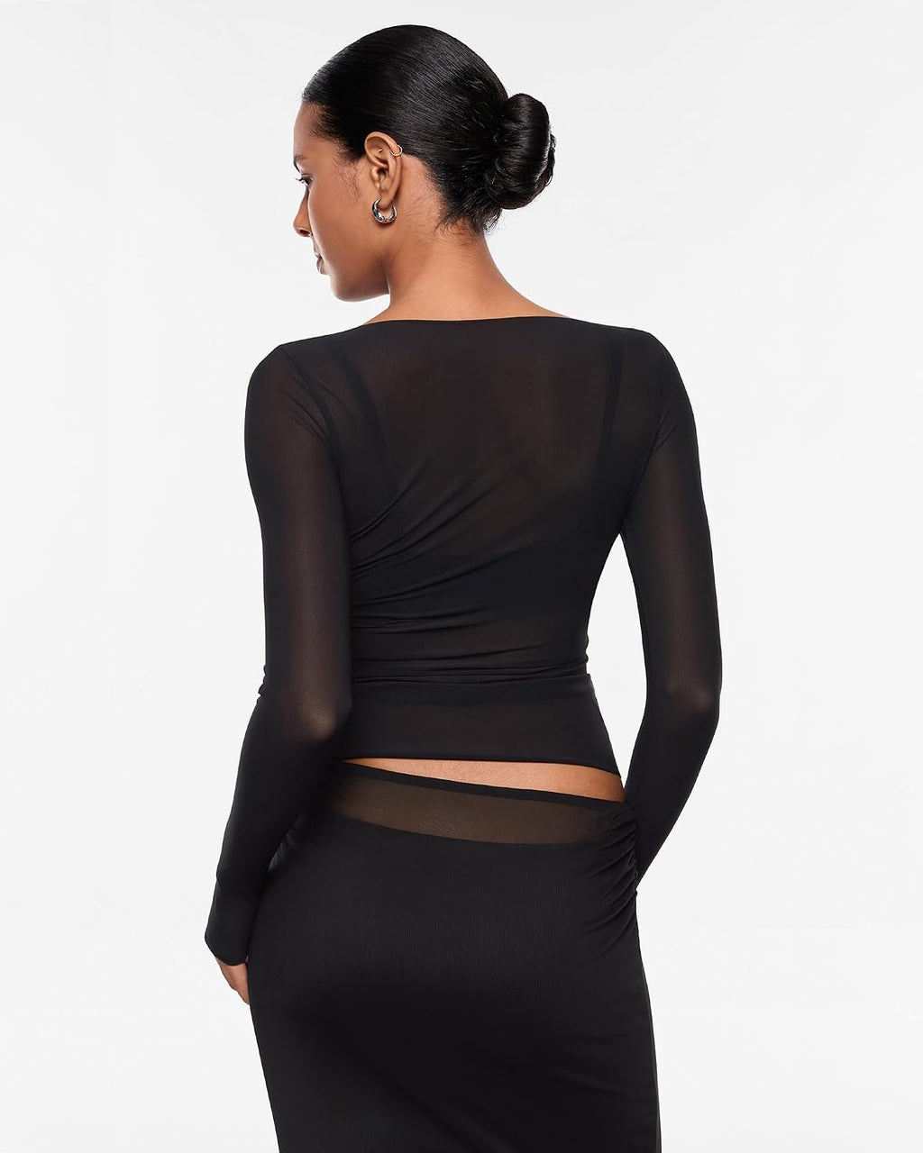 INLYRIC Women's Mesh Sheer Boat Neck Long Sleeve Tops