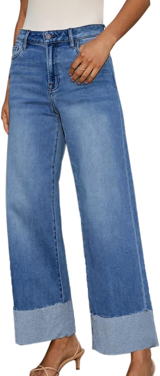 High Waisted Wide Leg Cuffed Jeans for Women Frayed Raw Hem 2026