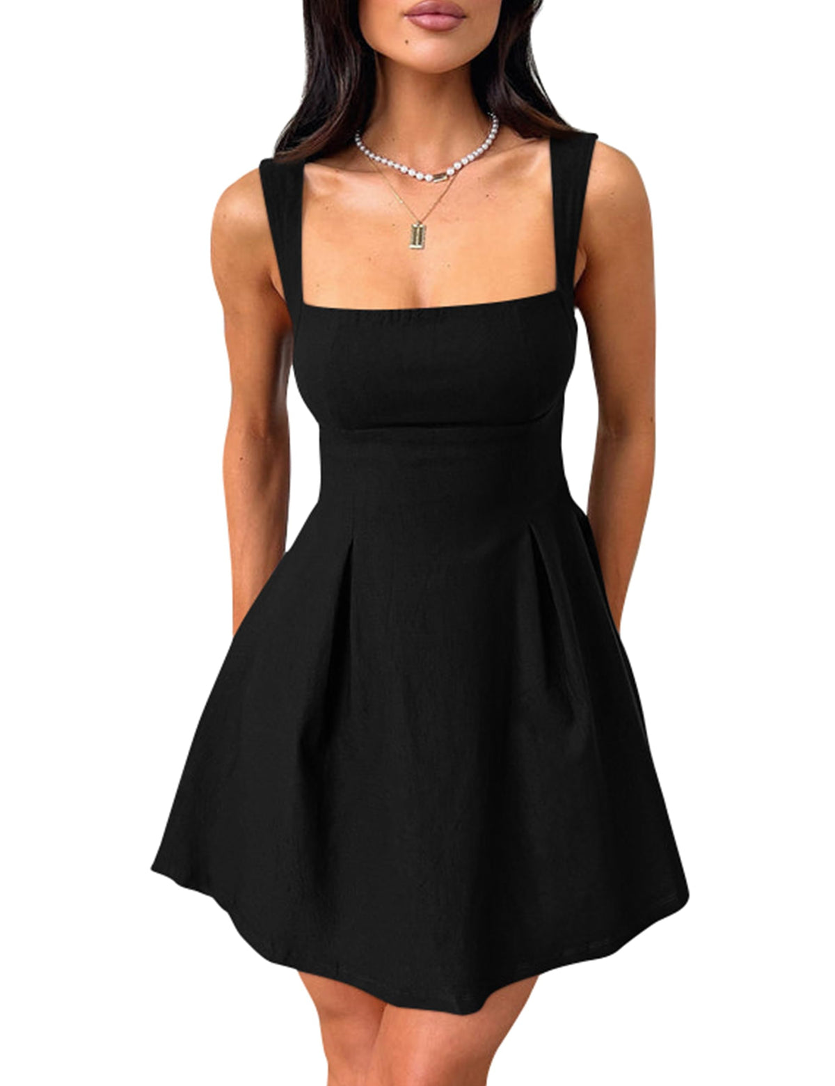 YMDUCH Women's Sleeveless Square Neck Bow Tie A-line Mini Dress