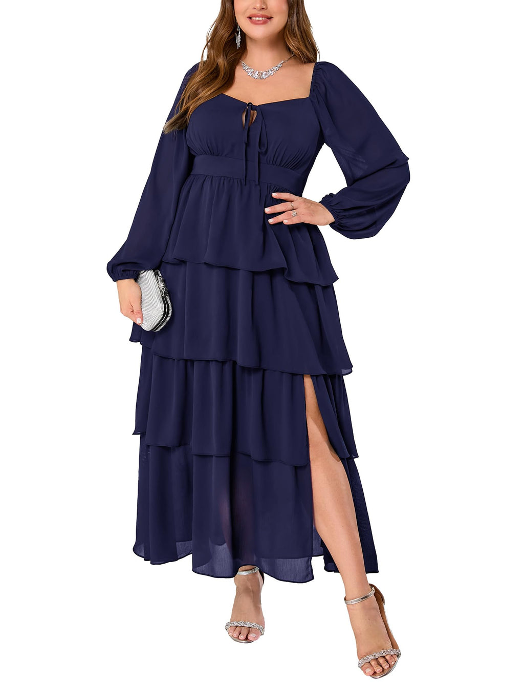 EYWOL Plus Size Long Sleeve Floral Tiered Semi Formal Wedding Guest Dress