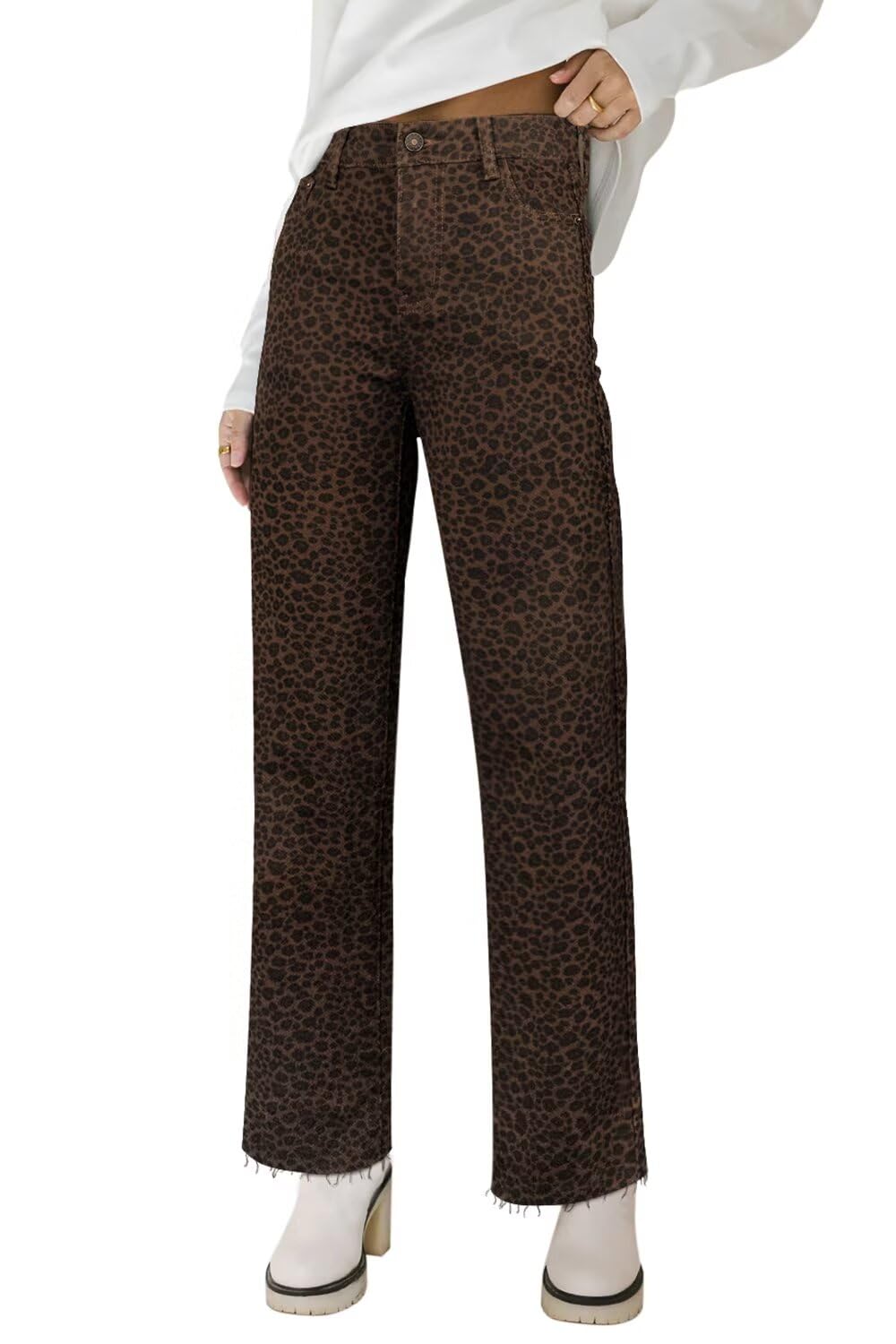 KDF Straight Leg Jeans for Women High Waisted Frayed Baggy Pants Stretchy Cropped Wide Leg Jeans