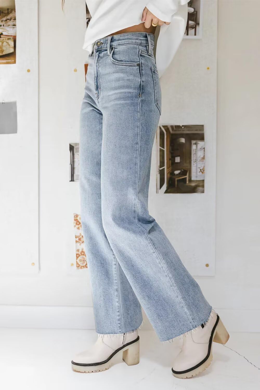 KDF Straight Leg Jeans for Women High Waisted Frayed Baggy Pants Stretchy Cropped Wide Leg Jeans