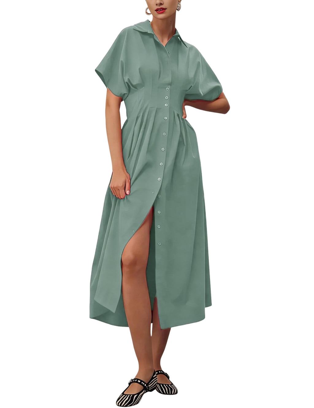 Yeokou Shirt Dress for Women Short Sleeve Button Front Casual Pleated Flowy Maxi Sundress with Pockets