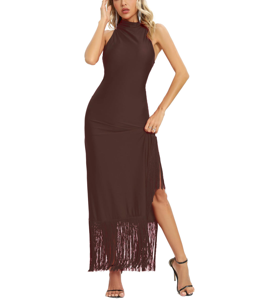 Women Gatsby Vintage Flapper Maxi Dress Halter Tassel Hem Gowns with Slit