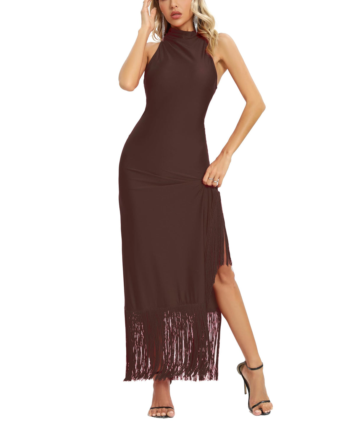 Women Gatsby Vintage Flapper Maxi Dress Halter Tassel Hem Gowns with Slit