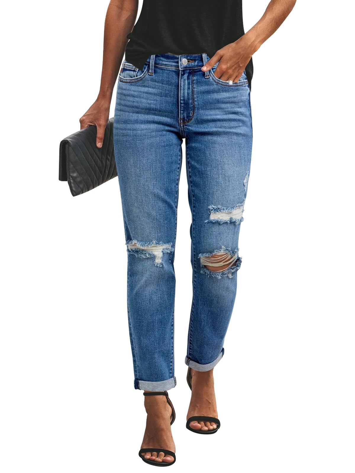 KUNMI Women's Ripped Mid Waisted Boyfriend Jeans Loose Fit Distressed Stretchy Denim Pants
