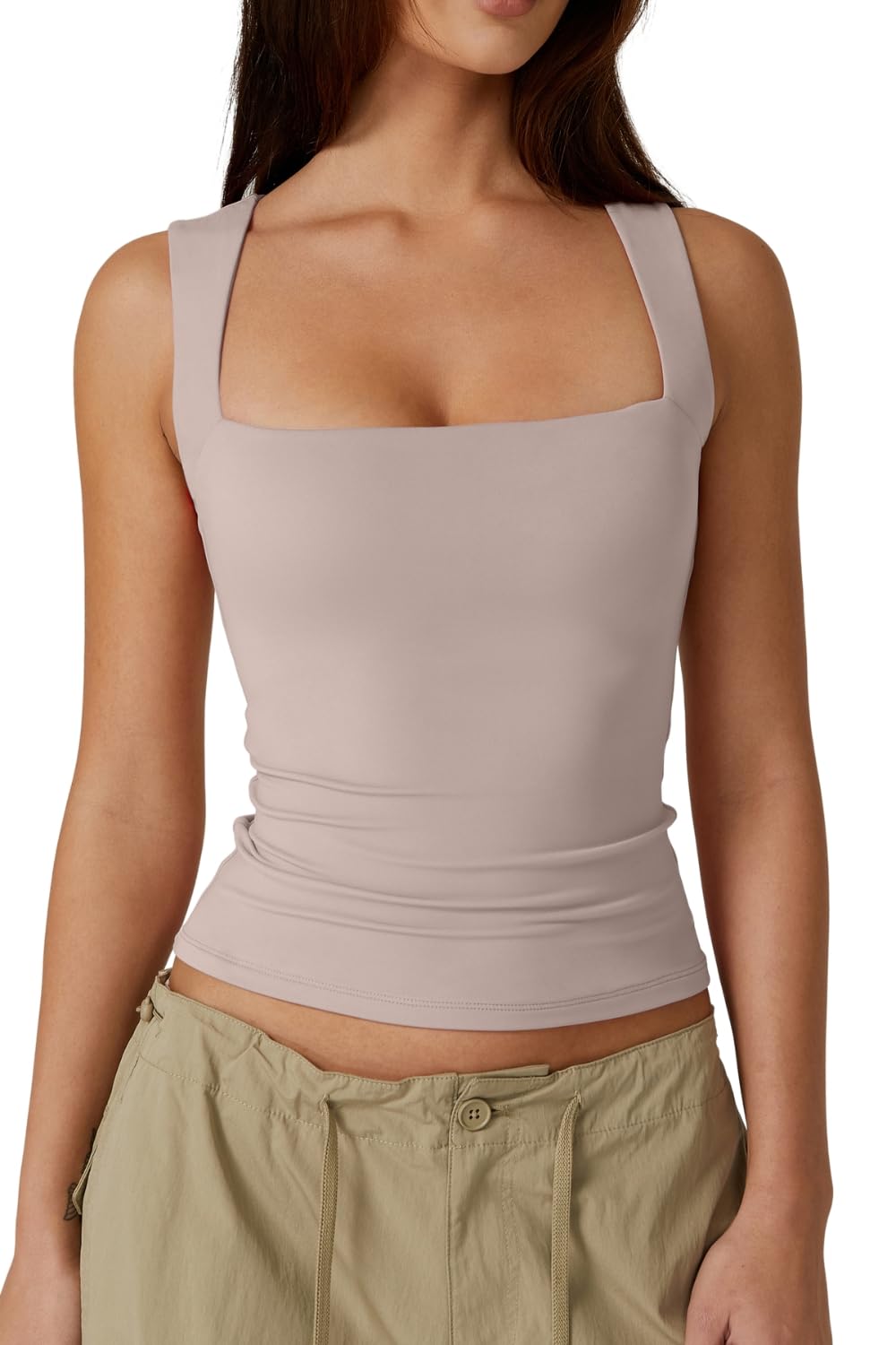 QINSEN Women's Square Neck Sleeveless Double-Layer Tank Tops Basic Tight T Shirts